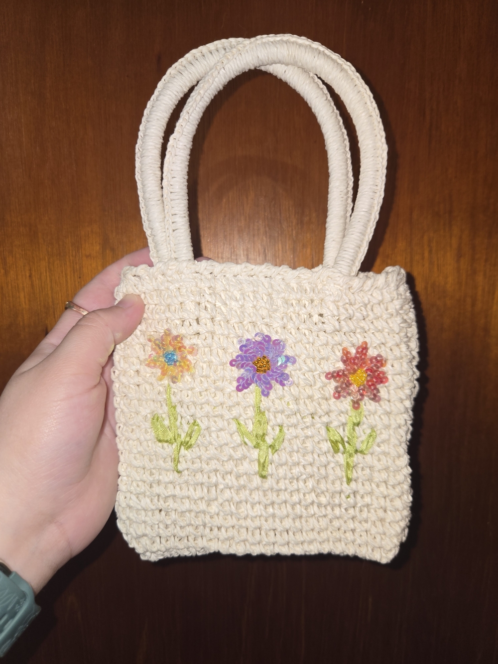 Cream Crochet Tote with Embroidered Floral Accents